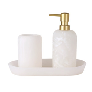 Bathroom Set of 3 - White Marble includes Cup, Tray & Soap Dispenser