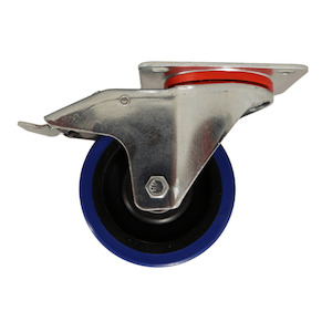 Non Marking Castors: Swivel Plate Castor 100mm Blue Elastic Rubber Wheel, Braked
