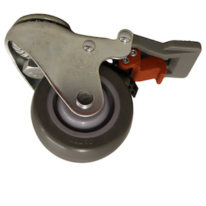 LP Range 60 100KG: Bolt Hole Swivel Castor 75mm thermoplastic rubber wheel, polypropylene rim, Braked