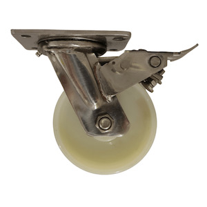 Swivel Plate Stainless Steel Castor 125mm Nylon Wheel, Braked.(Heavy Duty)