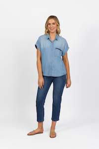 Shirts All 1: 4455 Blue Wash - Dropped Shoulder Tencel Shirt with Contrast Pocket Trim
