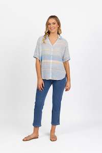 4463 Blue Stripe - Dropped Shoulder Shirt with Rounded Hem