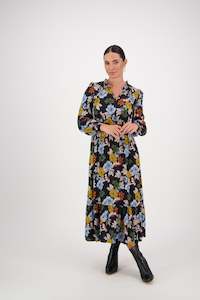 Dresses Outlet: 6096 Viva La Bloom - Printed Frill Neck Dress with Panel Hem
