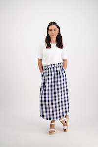 Skirts Outlet: 7045 Navy Check - Pull On Mid Length Skirt With Pockets