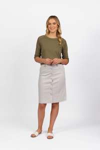7049 Khaki Stripe - Knee Length Skirt with Contrast Buttons and Trim