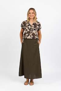 7057 Khaki - Pull On Long Skirt with Elastic Back Waistband