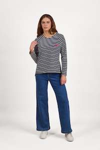 4474 Foil Stripe - Round Neck Long Sleeve Button Back Top with Heart Emb