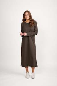6110 Moss/Cream - Long Sleeve Knit Dress with Tie Back and Contrast Stitch Detail