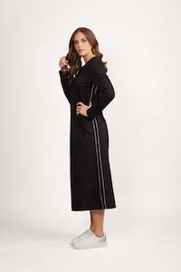 Dresses All: 6110 Black/White - Long Sleeve Knit Dress with Tie Back and Contrast Stitch Detail