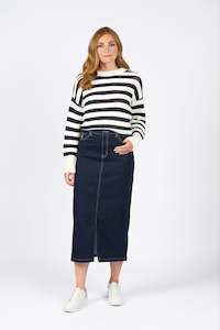 7056 Ink Denim - Mid Length Skirt with Centre Front Split