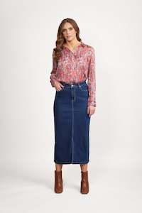 7056 Blue Denim - Mid Length Skirt with Centre Front Split