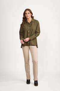 4441 Olive/White - Shirt with Contrast Coloured Stitching and Side Splits
