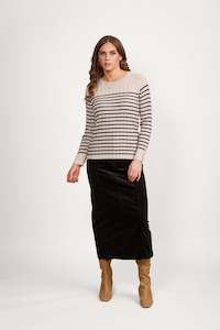 Sweaters All: 1071 Oatmeal/Ink - Round Neck Ribbed Knit Jumper with Dome Cuff Detail
