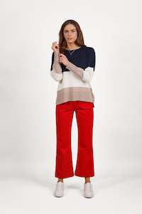 Sweaters All: 1073 Ink/Cream/Twig - Round Neck Tri Stripe Dropped Shoulder Knit Jumper