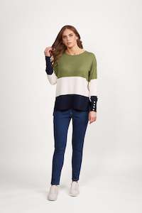 1073 Sage/Cream/Ink - Round Neck Tri Stripe Dropped Shoulder Knit Jumper