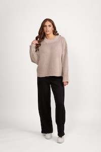 1077 Oatmeal/Brown - High Neck Two Tone Sweater with Shaped Sleeve