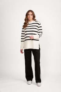 Sweaters All: 1078 Off White/Black - High Neck Relaxed Fit Sweater with Side Splits