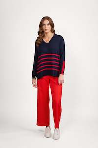 Sweaters All: 1083 Ink/Red - Relaxed V Neck Sweater