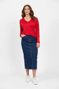 Merino All: 4465 Scarlet - 100% Merino V Neck Top with Button Cuff Detail