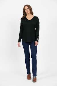 Merino All: 4465 Forest - 100% Merino V Neck Top with Button Cuff Detail