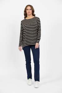 Merino All: 4349 Forest/Twig Stripe - 100% Merino Long Sleeve Top With Back Button Placket