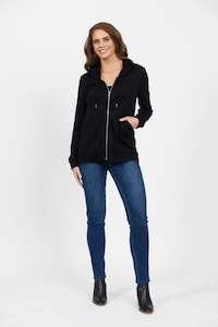 Merino All: 4437A Black - 100% Merino Zip Up Hooded Jacket with Scooped Back Hem