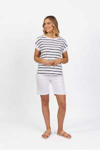 4363S Drop Sleeve Top - White/Forest Stripe