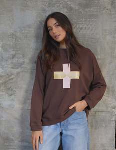 Stella + Gemma Newport Sweat | Chocolate -Pink/Gold Cross