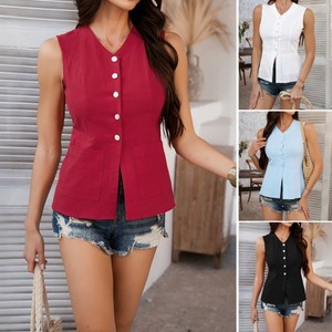 Products: Di Yun 2025 Spring/Summer Cross-border European and American casual and versatile vacation style button-down cardigan solid color sleeveless top vest for women