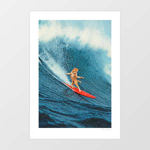 Animals: 'Meowmi Vice - Surfing Ginger Cat' Art Print by Vertigo Artography | Retro Wave Cat Poster Funny Cat Wall Art
