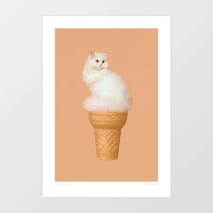Food 1: 'Cat Ice Cream - Peach' Art Print by Vertigo Artography | Fluffy Feline Gelato Cone Pastel Aesthetic Minimal Whimsical Kitty Dessert Wall Print