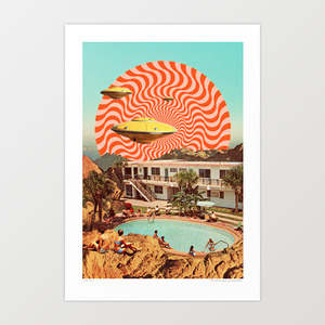 New Zealand: 'Cosmic UFO Pool Party' Art Print by Vertigo Artography | Retro Kitsch UFO Flying Saucer Psychedelic Pool Party Vintage Americana Wall Art
