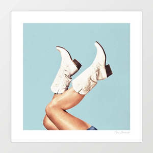 Allartprints: These Boots – Blue Art Print by Vertigo Artography | Sky Blue Cowgirl Wall Art | Mediterranean Western Poster | Poolside Cowgirl Print