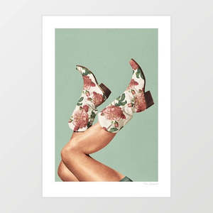 Allartprints: These Boots – Floral Boho Green Art Print by Vertigo Artography | Sage Green Floral Cowgirl Wall Art | Boho Western Poster | Vintage Botanical Boots Print
