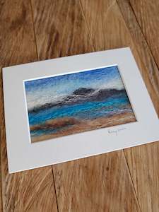 anniversary gift: Rangitoto Island with clouds, wool with silk painting. 8 x 6 inch