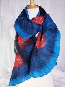 Auckland artist: Scarf Ocean blue & red pohutukawa, Silk shawl goes with jacket, dress, handmade gift for woman, New Zealand nunofelted, light soft merino