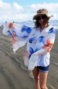 Frontpage: Spring scarf with Little Blue and Orange Butterflies, soft, light, cozy, versatile shawl, Zizina and Tussock NZ common butterflies