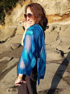 Scarves: Beautiful blue scarf with vibrant orange accents - One of a Kind, stylish accessory from silk and merino