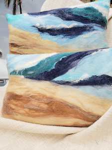 Home Decor: Ocean Shore, Pillow handmade, few layers of silk & merino wool, beach lifestyle house coast decor, marine blue, beige, felt cushion, 3D wave