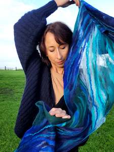 Shawl – Ocean Waves, Nuno Felted Merino Wool and Silk Wrap in Blue with Turquo&hellip;