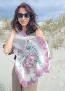 Featherlight silk and merino scarf with Emerald Green & Plum Flower