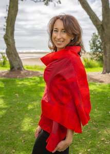 Shawls: Red flowers shawl, scarf, cape, bolero, nuno felted on natural silk with merino wool, handmade in New Zealand