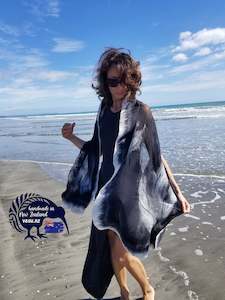 Shawls: Women's Elegant Black and white nunofelted silk shawl with merino wool, handmade in New Zealand, unique to dress, perfect gift for her
