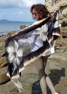 Shawls: Unique scarf beige, gray and black, decorated with superfine merino wool and silk. Hand Made in New Zealand, Soft, Warm, Light all in one