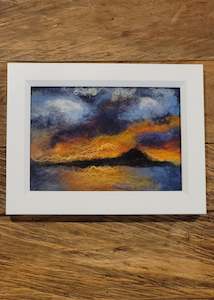 Home Decor: Wool & Silk Painting – Sunrise over Rangitoto Island, Nuno Felted Landscape, Framed Textile Art