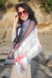 Pink Magnolia Shawl Wool Silk, Luxury Floral Evening Wrap, Special Gift for Her