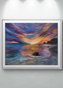 Silk Merino Wool Ocean Painting – Muriwai Sunset 50 x 65 Wall Art, New Zealand&hellip;