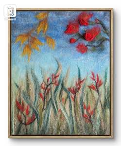Home Decor: New Zealand Floral Wool Painting – Kōwhai & Pōhutukawa Wall Art, Textured Merino Wool & Silk Artwork, Nature Inspired Fiber Art
