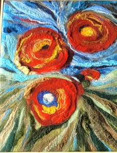 Abstract Floral Wool & Silk Wall Art – Red Bloom Painting, Textured Fiber Statement Piece