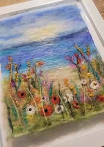 Home Decor: Wool Painting Meadow by the Ocean – Handmade Textile Wall Art with Wildflowers, Coastal Landscape, Framed Fibre Artwork